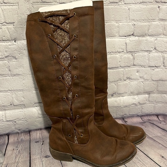 SO knee high brown boots with lace up and sweater detail size 8.5 - Picture 1 of 5